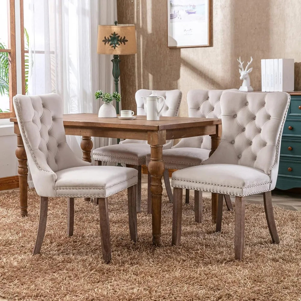 Beige Velvet Dining Chairs Set of 4, Kitchen & Dining Room Chairs Set of 4, Tufted Dining Chairs, Velvet Upholstered