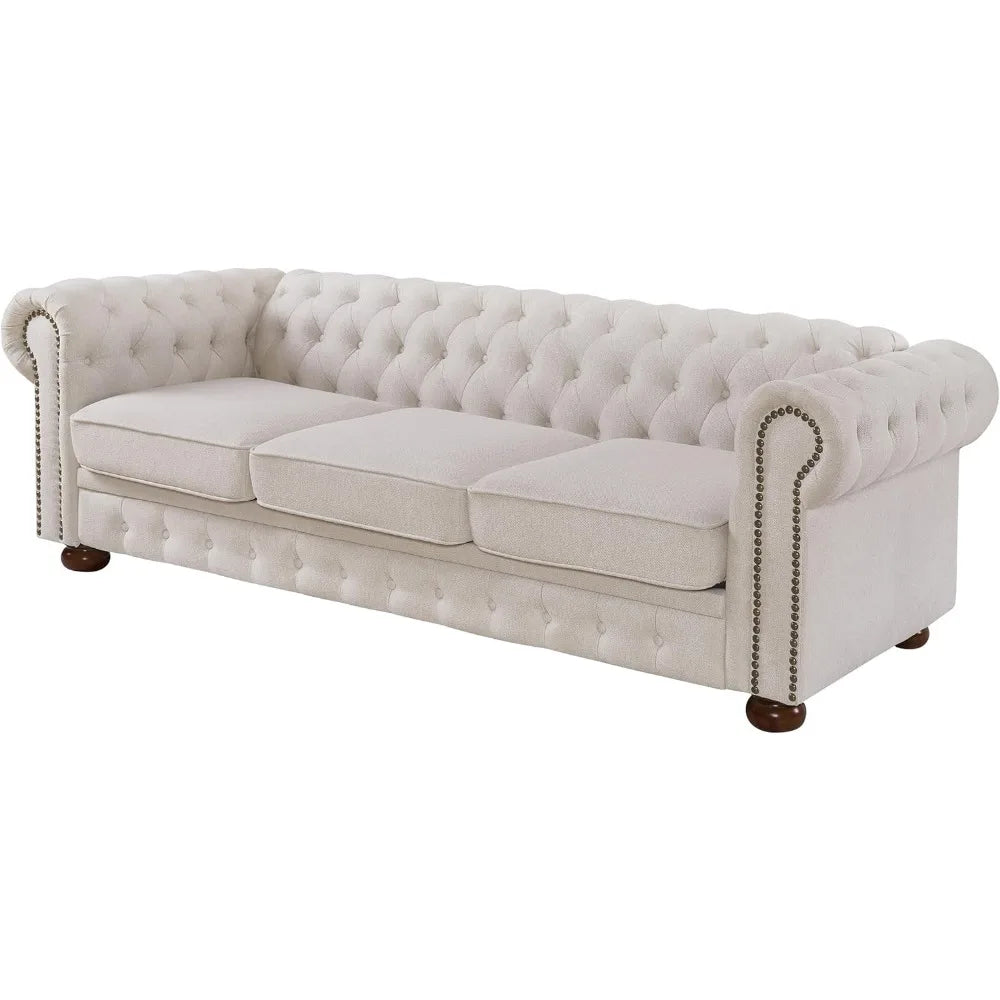 Chesterfield Sofa, 89" Mid Century Modern Couch with Low Back, Roll Arm Nailhead Trim Classic 3 Seater Couch for Living Room, Of
