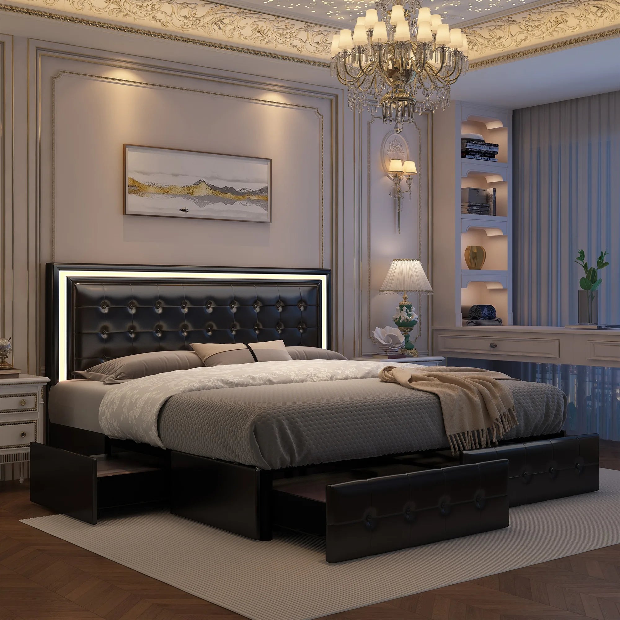 Queen LED Bed Frame with 4 Storage Drawers