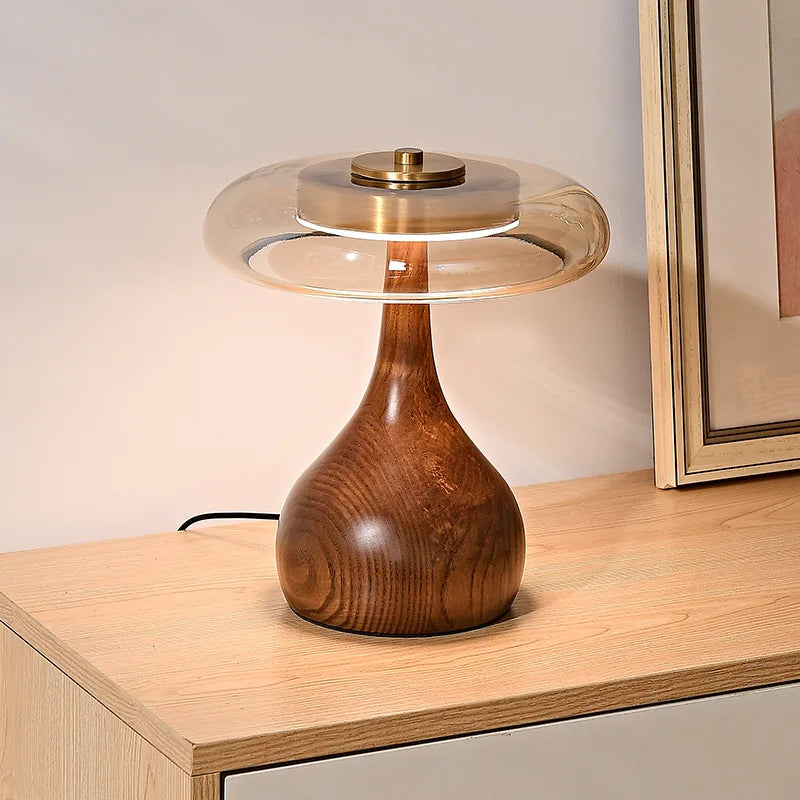 12W Lamp Luxury Copper Desktop LED Designer Wood Glass Desk Lamp For Bedroom Bedside Home Decorative Mushroom Night Table Light