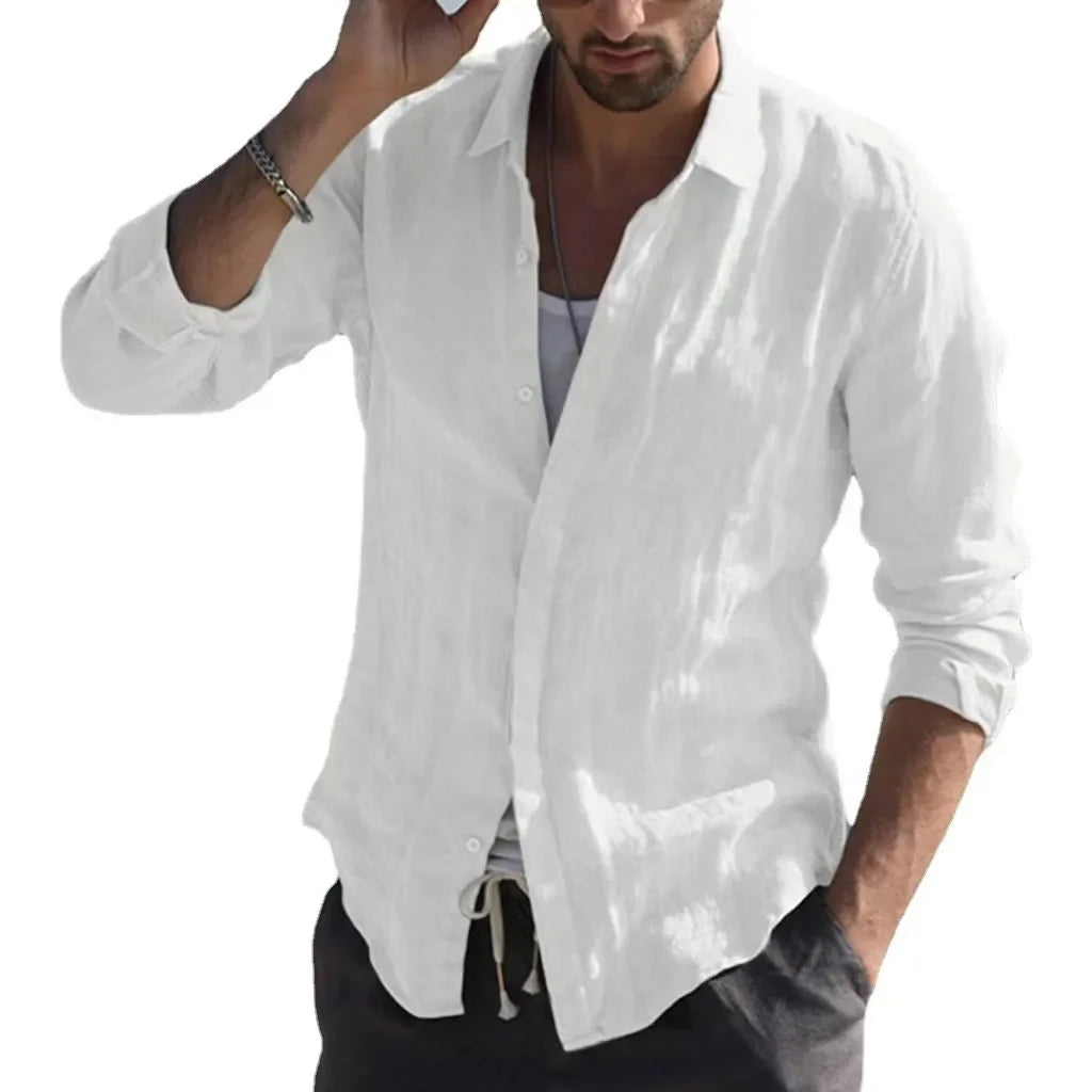 Men Summer New Solid Linen  Long Sleeve Casual Shirt Single Breasted Collar Cotton Linen Lapel Tops Simplicity Long Sleeve Shirt