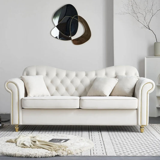 82.68'' Mid Century Loveseat Sofa, Modern Velvet Couch Chesterfield Sofa for Living Room, Hotel, Guest Room, Waiting Room, Beige