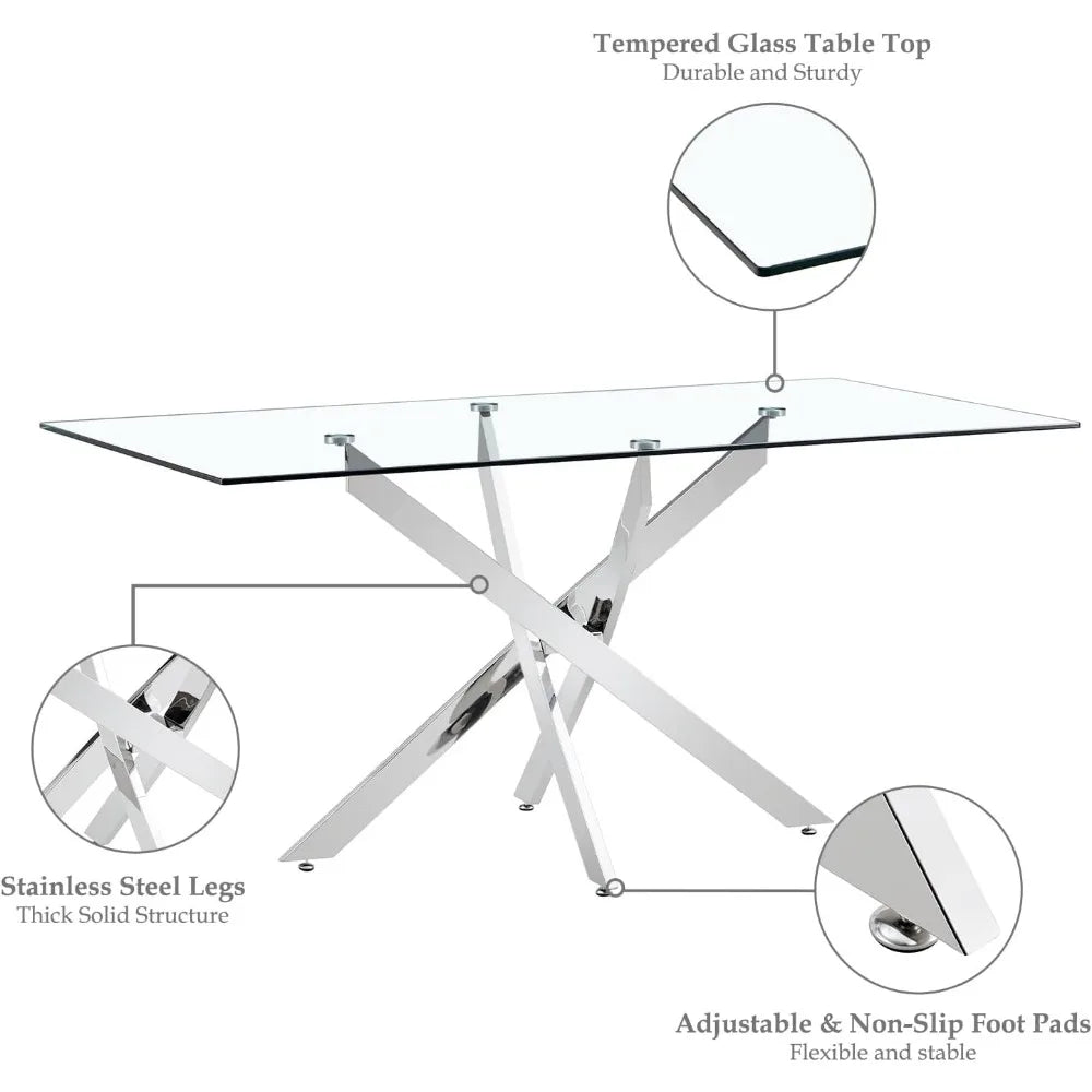 Dining Table Set for 6, Modern Tempered Glass Top Table and PU Leather Chairs, Black with Silver Base Dining Room Set