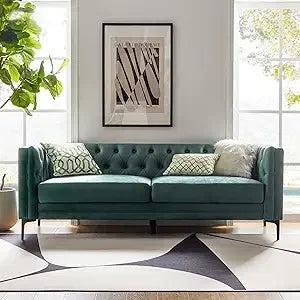 84" W Faux Leather Sofa Couch with Metal Legs, Button-Tufted 3-Seater Sofa, Mid Century Modern Upholstered Couch for Living Roo