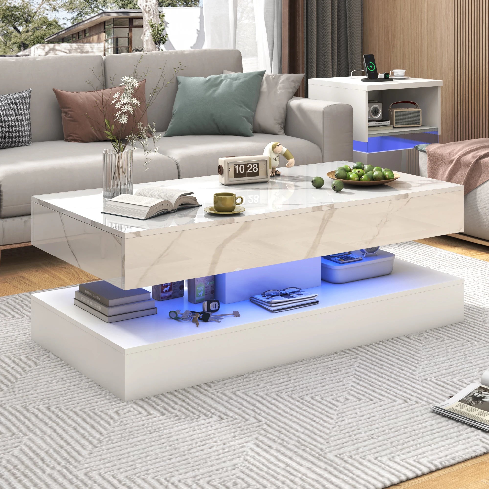 Stylish LED light Coffee Table with 2 Storage Drawers
