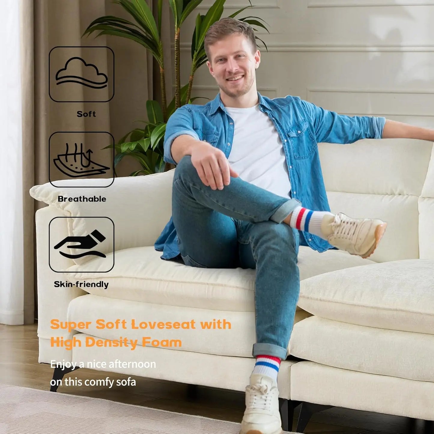 83.5" Loveseat Sofa Morden Chenille Comfy Couch with Deep Seat/Pillows for Living Room White