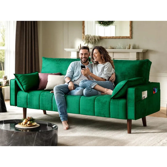 67" Loveseat Sofa with 2 Pillow Included, Velvet Fabric Couch, 3Seater Sofa w/Button Tufted Seat and Side Storage Pockect