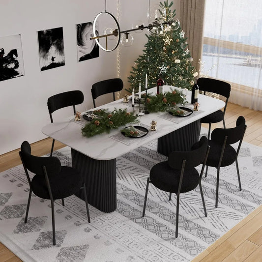 Modern Dining Table Set for 6, Faux Marble Dining Table & 6 Black Upholstered Boucle Chairs, 7 Piece Kitchen Table Chairs Set