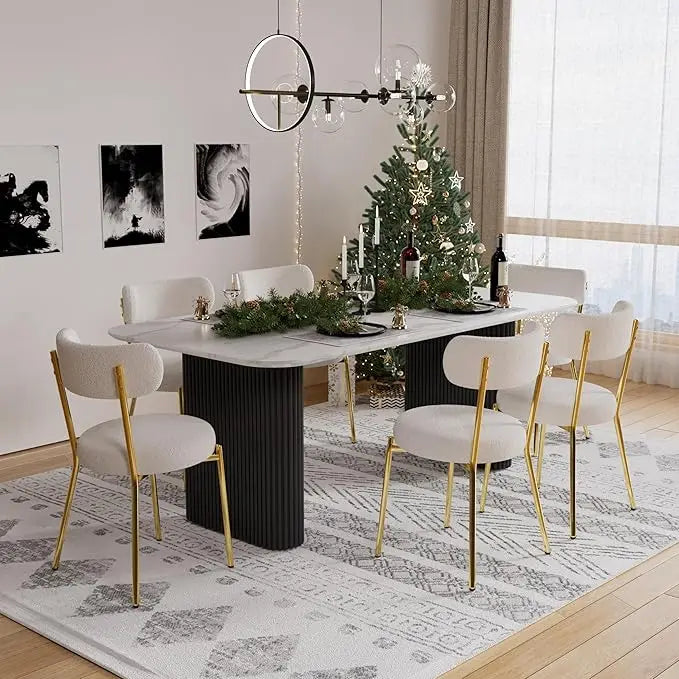 Modern Dining Table Set for 6, Faux Marble Dining Table & 6 Black Upholstered Boucle Chairs, 7 Piece Kitchen Table Chairs Set