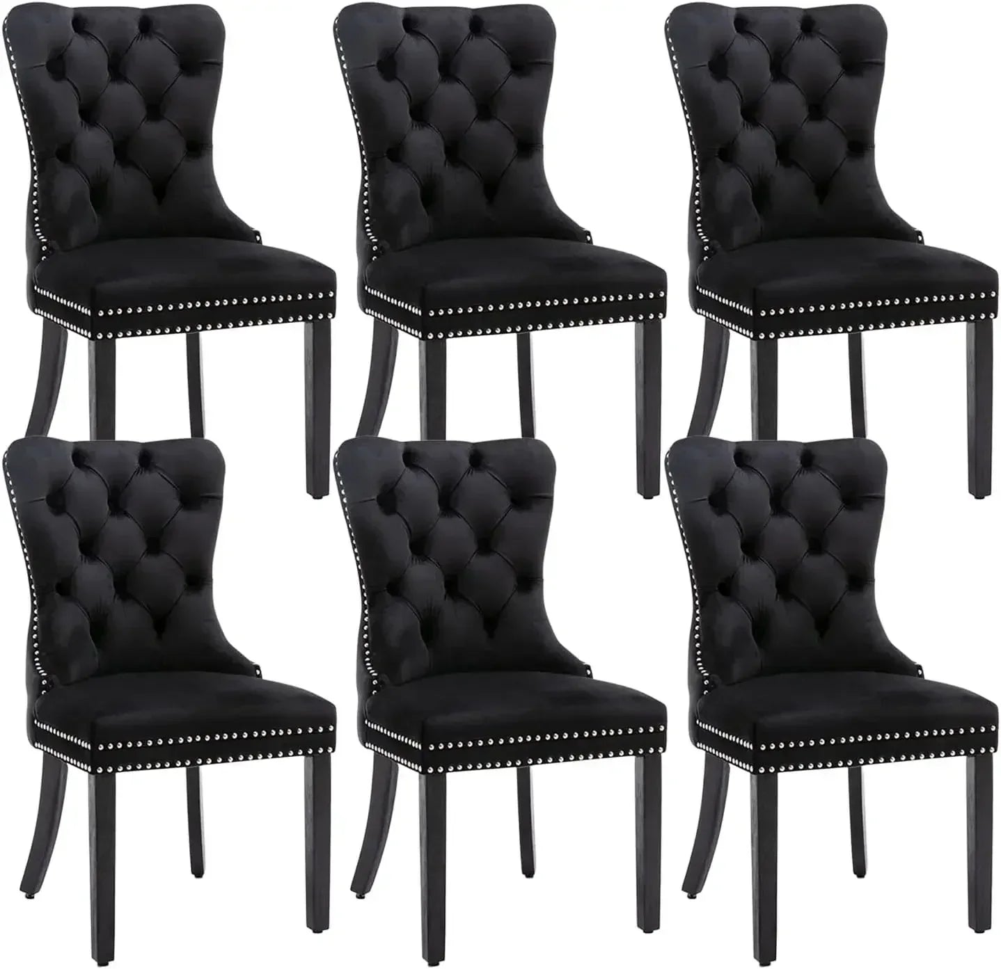 Velvet Dining Chairs Set of 6, Tufted Dining Room Chairs with Nailhead Ring Pull Trim, Upholstered Dining Chairs with Wood Legs
