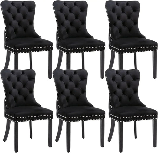 Velvet Dining Chairs Set of 6, Tufted Dining Room Chairs with Nailhead Ring Pull Trim, Upholstered Dining Chairs with Wood Legs