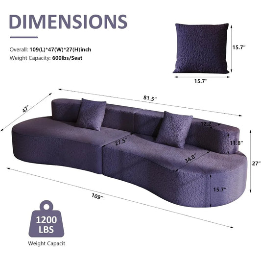 109" Modern Sectional Curved Couch, Upholstered 4-Seater Sofa with 2 Throw Pillows,Luxury Chenille Boucle Couches with High-Dens