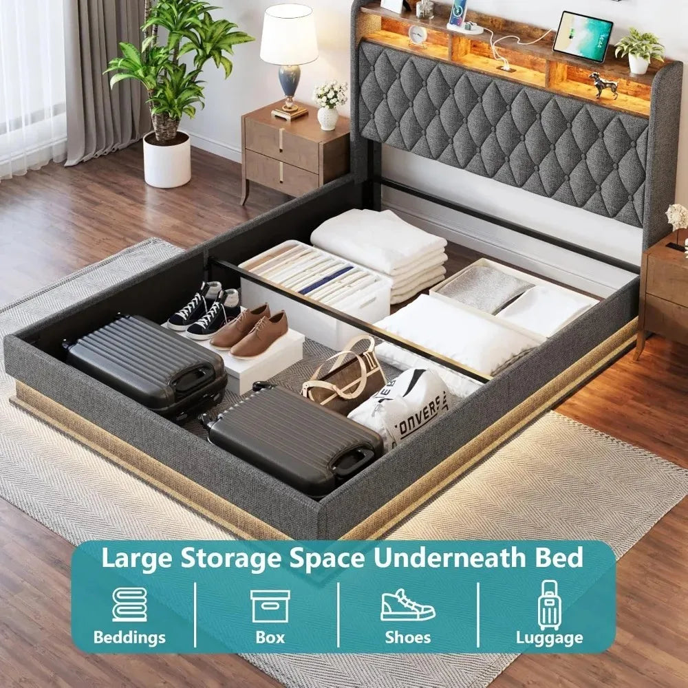 Lift Up Platform Bed Frame with LED Lights & Charging