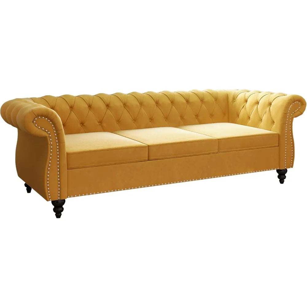 Velvet Tufted Rolled Arms and Nailhead Sofa