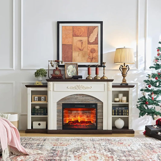 72" Electric Fireplace with Mantel, Farmhouse TV Stand for TVs Up to 80 Inch, White Entertainment Center with Storage for Bedroo