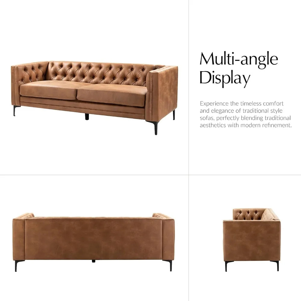 84" W Faux Leather Sofa Couch with Metal Legs, Button-Tufted 3-Seater Sofa, Mid Century Modern Upholstered Couch for Living Roo