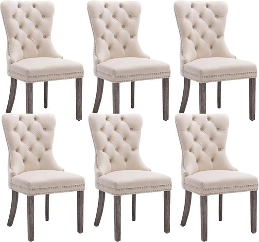 Velvet Dining Chairs Set of 6, Upholstered High-end Tufted Dining Room Chair with Nailhead Back Ring Pull Trim Solid Wood Legs