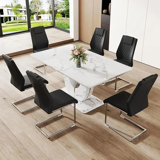 Dining Table Set for 6, with 63 Inch Marble Dinner Table Leather Upholstered Chairs,  Modern Dining Room Set