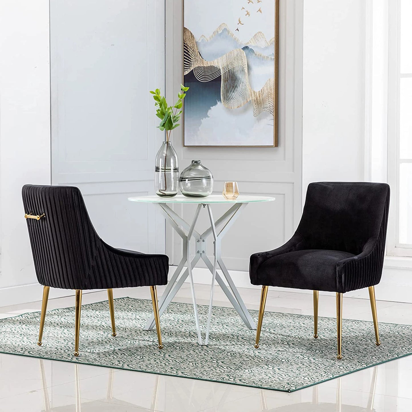 SEYNAR Modern Glam Boucle Pleated Velvet Dining Chair or Vanity Chair Set of 2 with Rear Handle