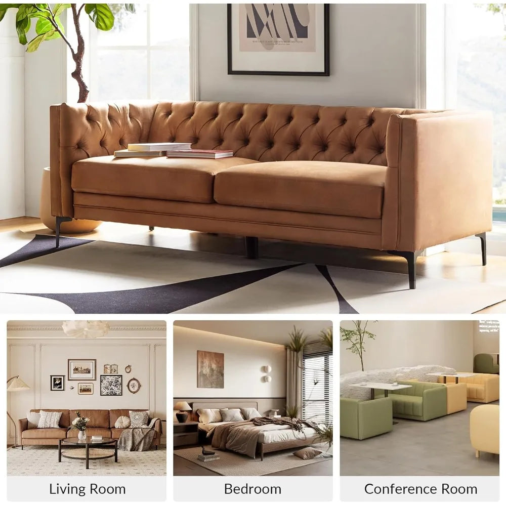 84" W Faux Leather Sofa Couch with Metal Legs, Button-Tufted 3-Seater Sofa, Mid Century Modern Upholstered Couch for Living Roo