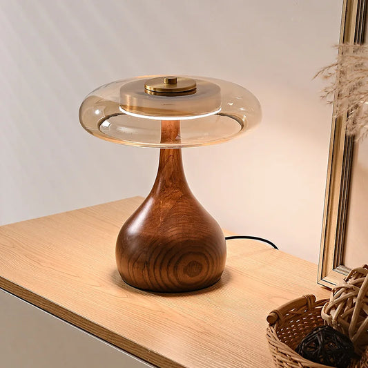 12W Lamp Luxury Copper Desktop LED Designer Wood Glass Desk Lamp For Bedroom Bedside Home Decorative Mushroom Night Table Light