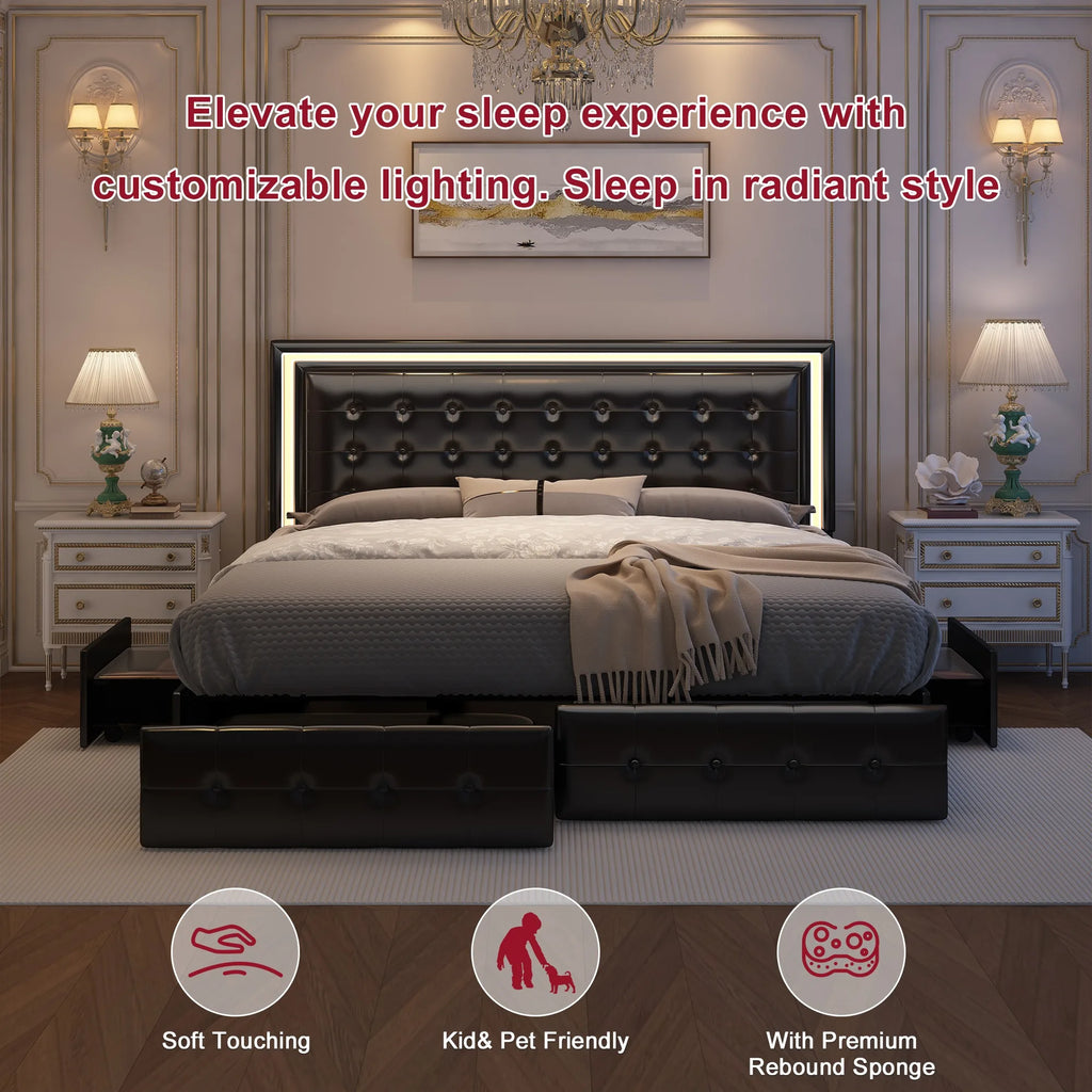 Queen LED Bed Frame with 4 Storage Drawers