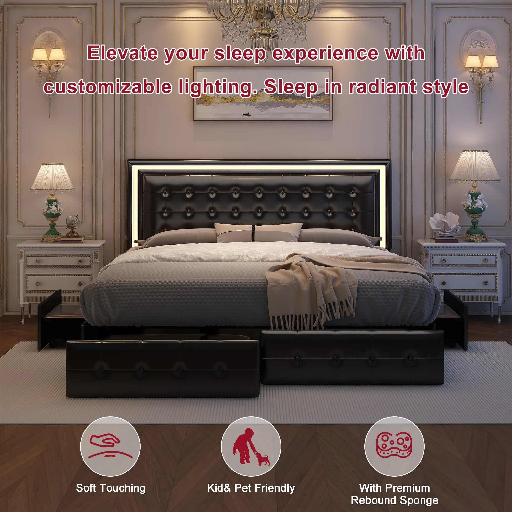 Queen LED Bed Frame with 4 Storage Drawers