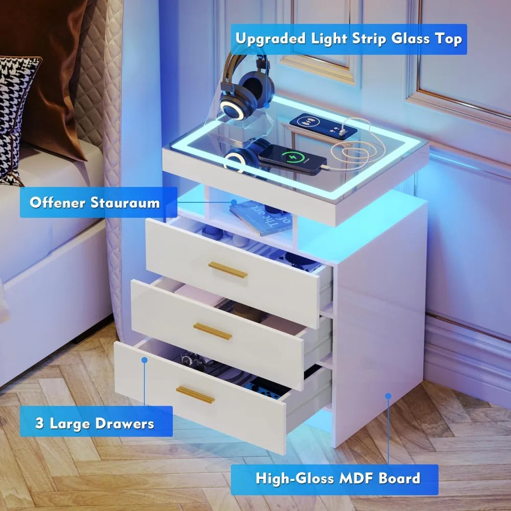 2 Set Nightstands with Wireless Charging Station and LED light