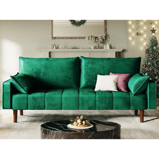 67" Loveseat Sofa with 2 Pillow Included, Velvet Fabric Couch, 3Seater Sofa w/Button Tufted Seat and Side Storage Pockect