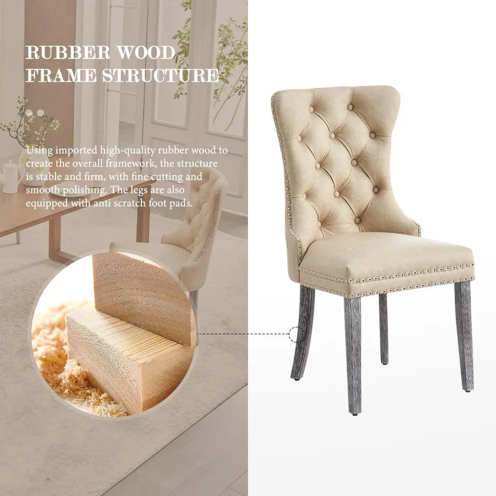 Leather Dining Chair Set of 6, Dining Room Chairs with Nailhead Ring Pull Trim, Upholstered Dining Chairs with Solid Wood Legs