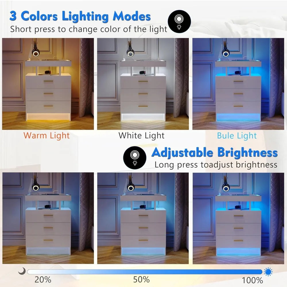 2 Set Nightstands with Wireless Charging Station and LED light