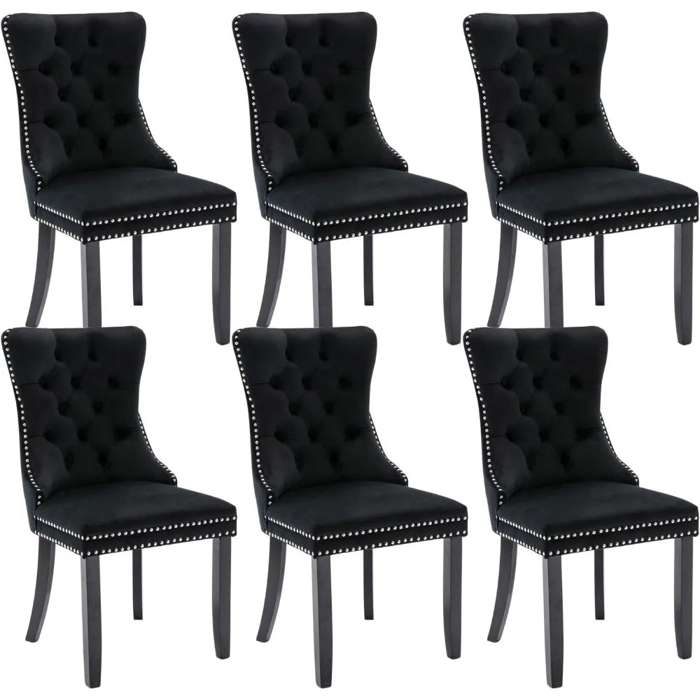 Tufted Dining Chairs Set of 6,  Velvet Upholstered Dining Chairs with Nailhead Back and Ring Pull Trim