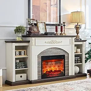 72" Electric Fireplace with Mantel, Farmhouse TV Stand for TVs Up to 80 Inch, White Entertainment Center with Storage for Bedroo