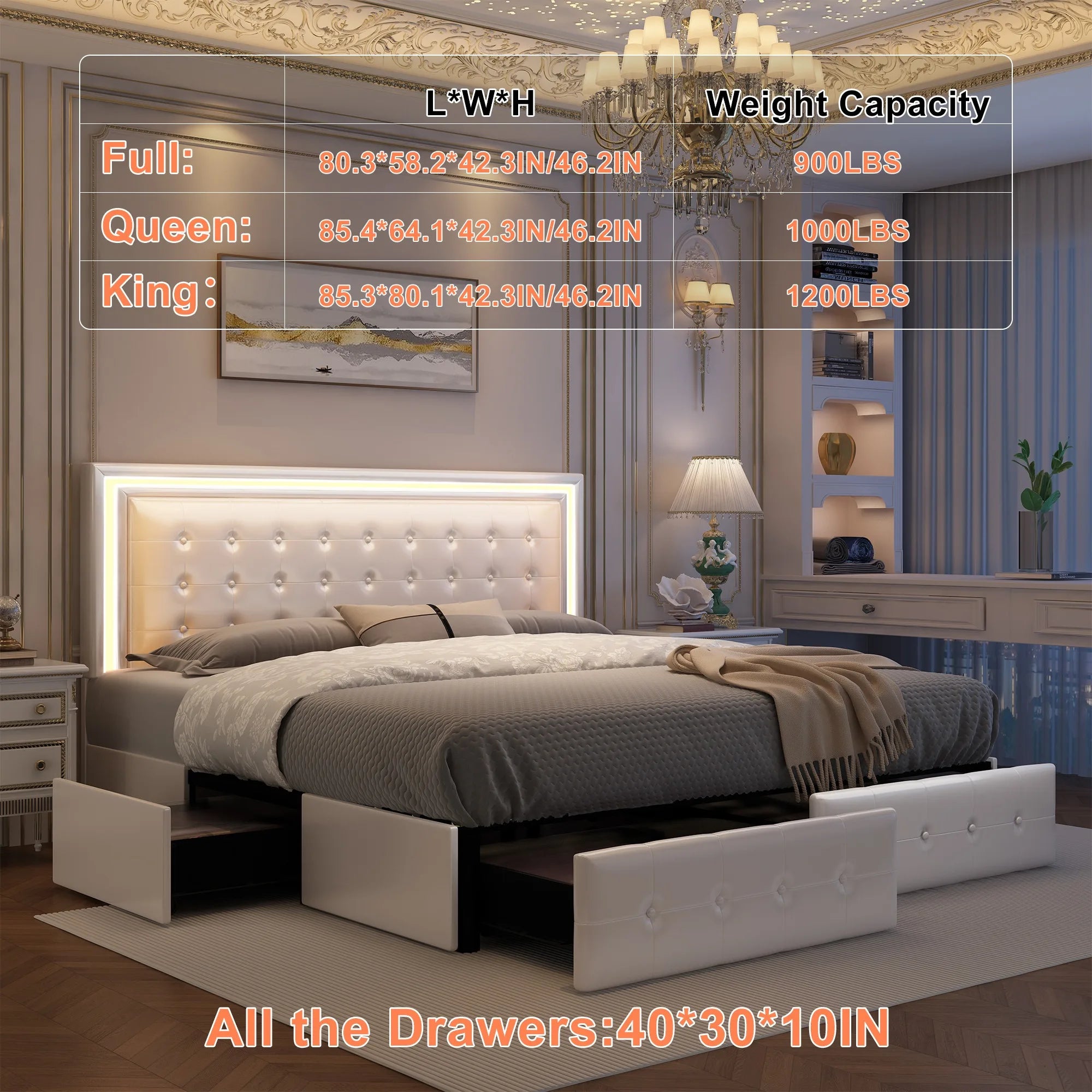 Queen LED Bed Frame with 4 Storage Drawers