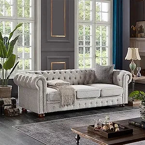Chesterfield Sofa, 89" Mid Century Modern Couch with Low Back, Roll Arm Nailhead Trim Classic 3 Seater Couch for Living Room, Of