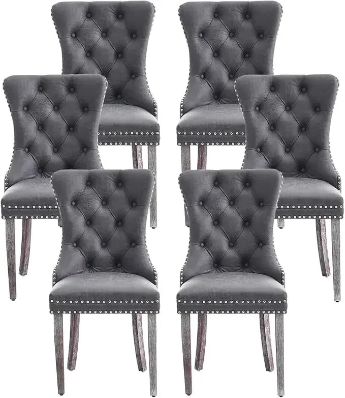 Leather Dining Chairs Set of 6, Upholstered Dining Chair with Nailhead Trim and Solid Wood Legs, Luxury Wingback Dining Side