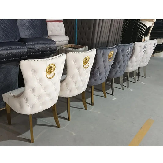 Dining Chairs Modern Luxury Button Tufted Velvet Fabric Lion Knocker Stainless Steel Legs Dining Room Sets of  Dining Chairs