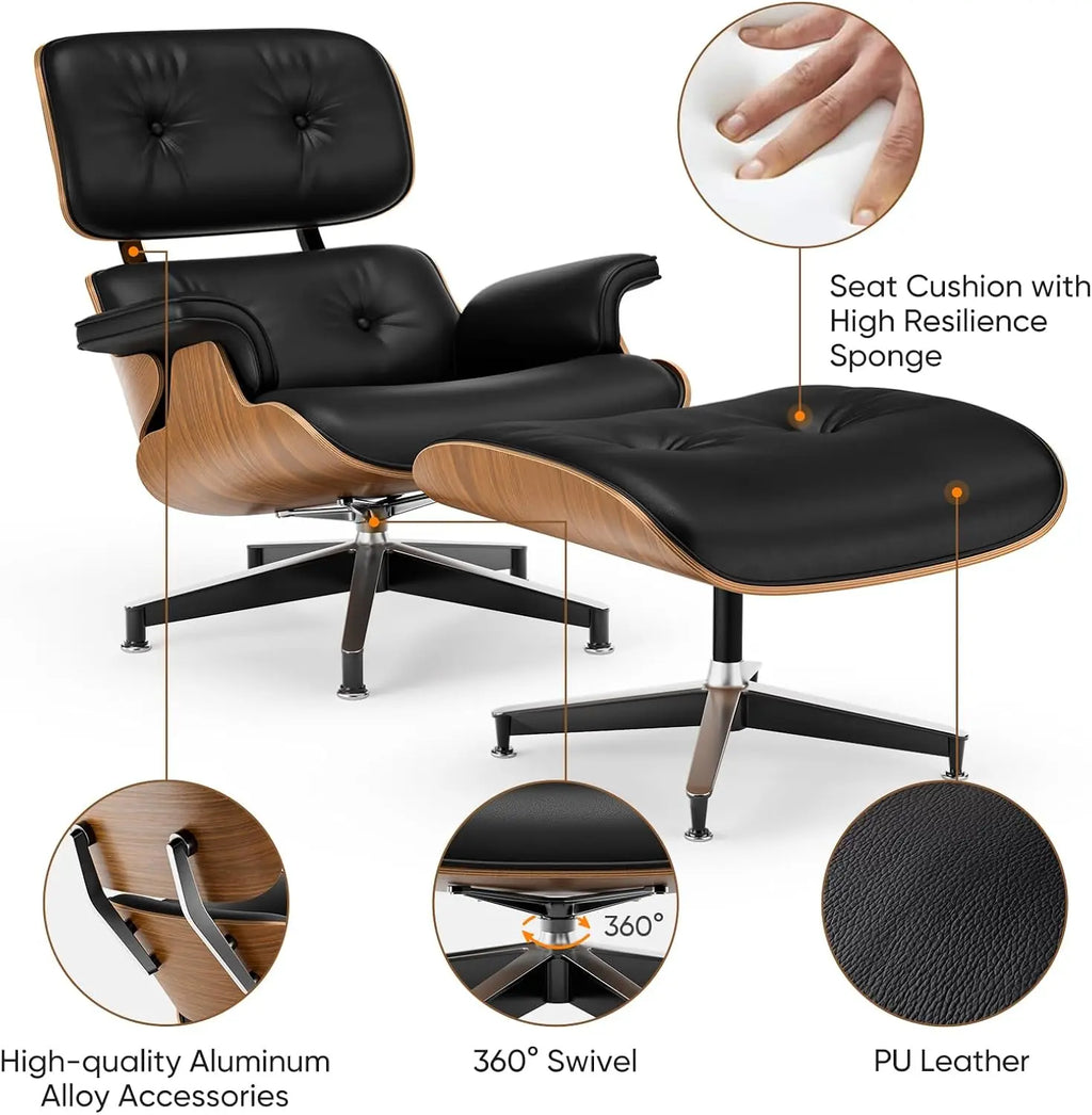 Black PU Leather, Chaise Lounge Chair and Ottoman