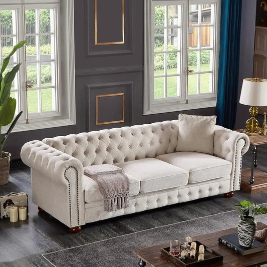 Chesterfield Sofa, 89" Mid Century Modern Couch with Low Back, Roll Arm Nailhead Trim Classic 3 Seater Couch for Living Room, Of