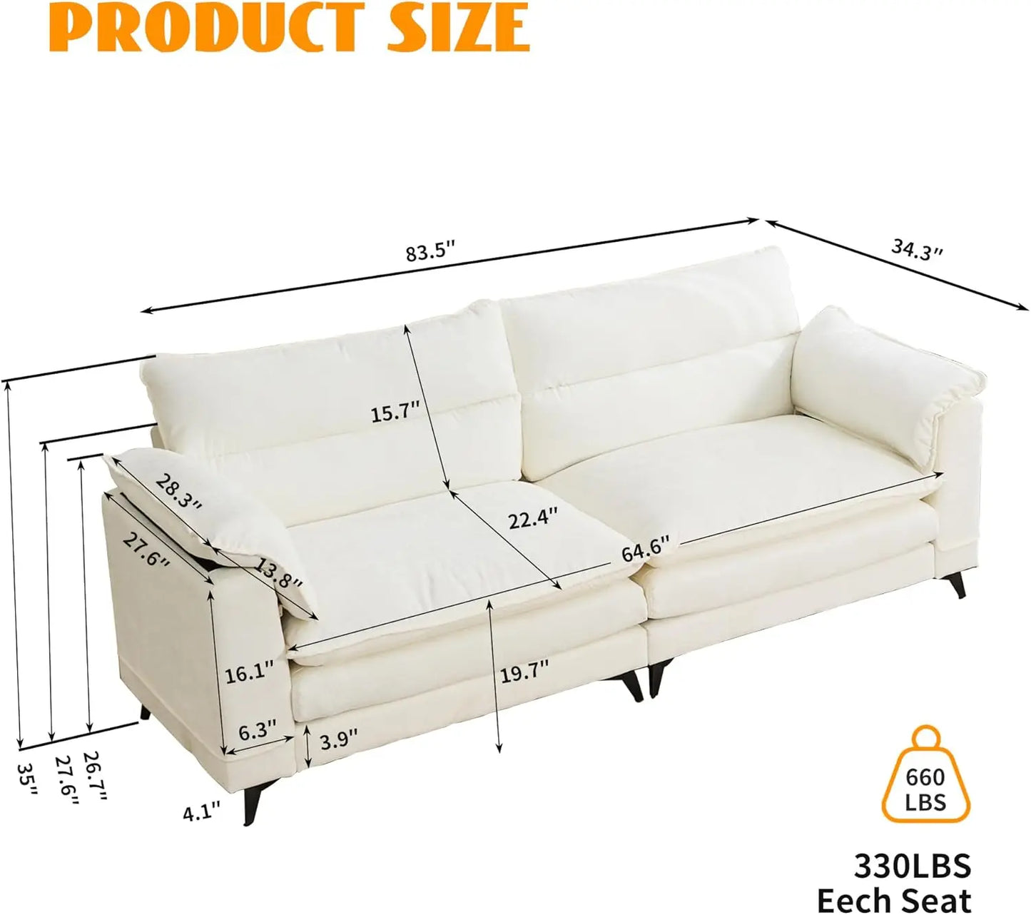 83.5" Loveseat Sofa Morden Chenille Comfy Couch with Deep Seat/Pillows for Living Room White