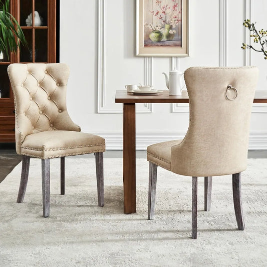 Leather Dining Chair Set of 6, Dining Room Chairs with Nailhead Ring Pull Trim, Upholstered Dining Chairs with Solid Wood Legs