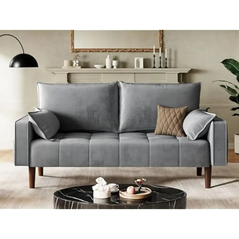 67" Loveseat Sofa with 2 Pillow Included, Velvet Fabric Couch, 3Seater Sofa w/Button Tufted Seat and Side Storage Pockect