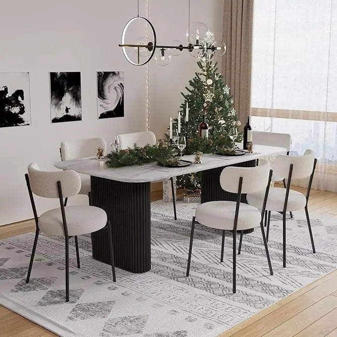 Modern Dining Table Set for 6, Faux Marble Dining Table & 6 Black Upholstered Boucle Chairs, 7 Piece Kitchen Table Chairs Set