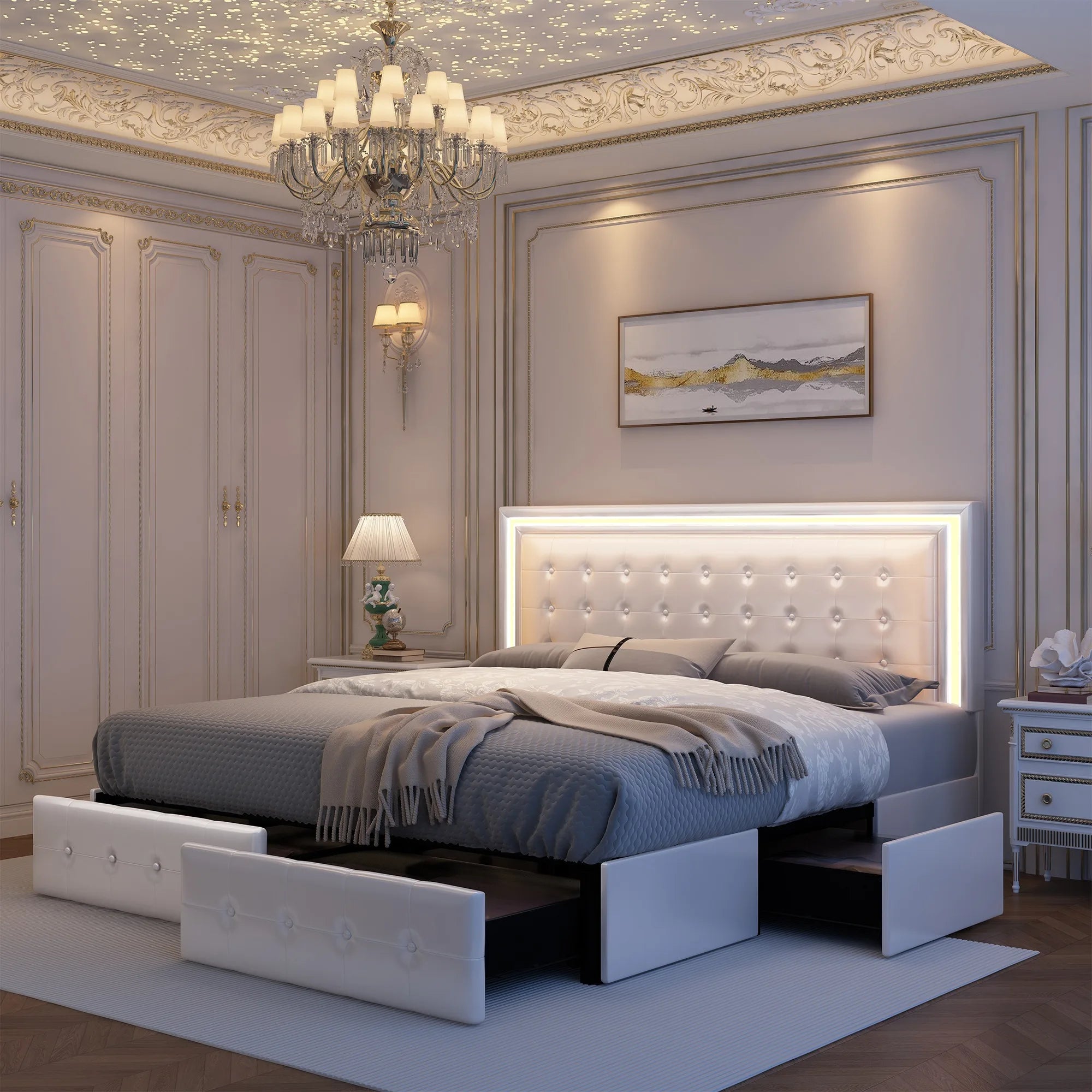 Queen LED Bed Frame with 4 Storage Drawers