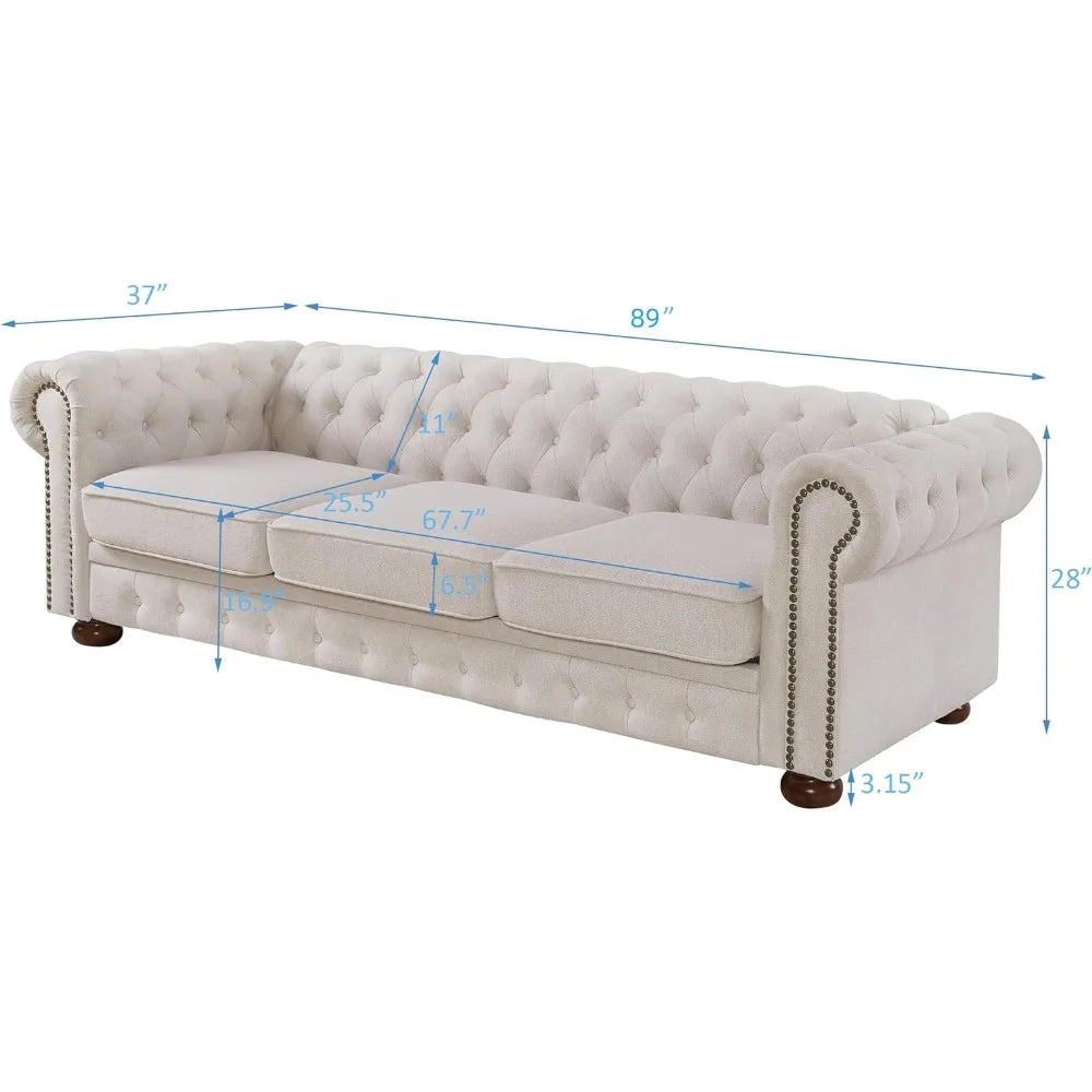 Chesterfield Sofa, 89" Mid Century Modern Couch with Low Back, Roll Arm Nailhead Trim Classic 3 Seater Couch for Living Room, Of
