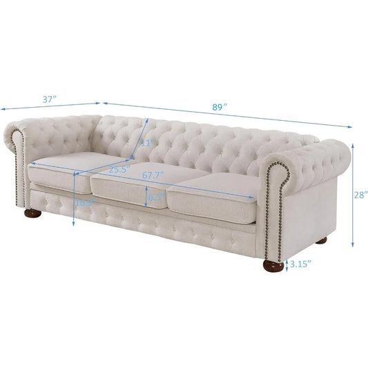 Chesterfield Sofa, 89" Mid Century Modern Couch with Low Back, Roll Arm Nailhead Trim Classic 3 Seater Couch for Living Room, Of