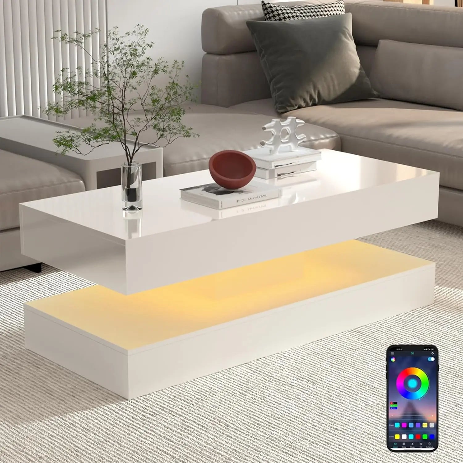 Stylish LED light Coffee Table with 2 Storage Drawers