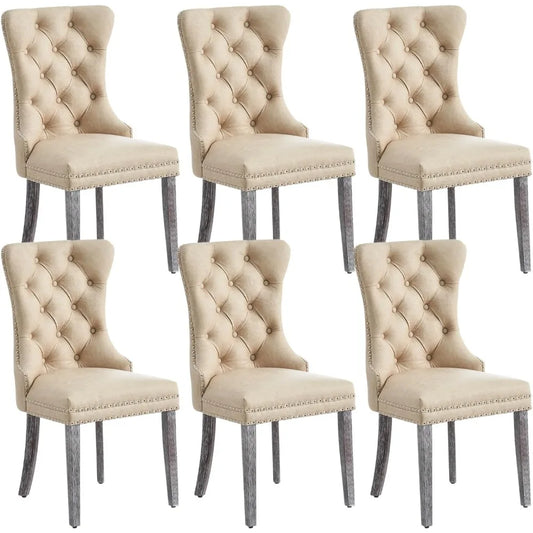Leather Dining Chair Set of 6, Dining Room Chairs with Nailhead Ring Pull Trim, Upholstered Dining Chairs with Solid Wood Legs