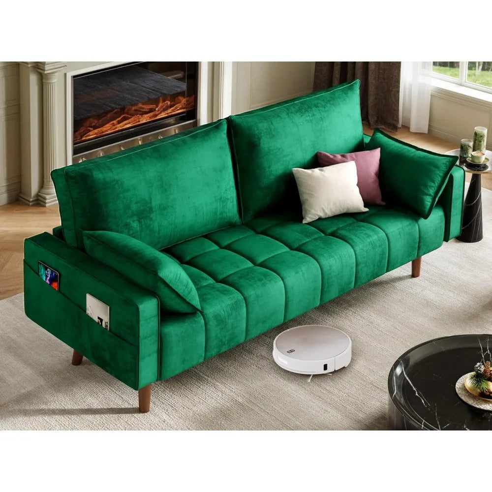 67" Loveseat Sofa with 2 Pillow Included, Velvet Fabric Couch, 3Seater Sofa w/Button Tufted Seat and Side Storage Pockect