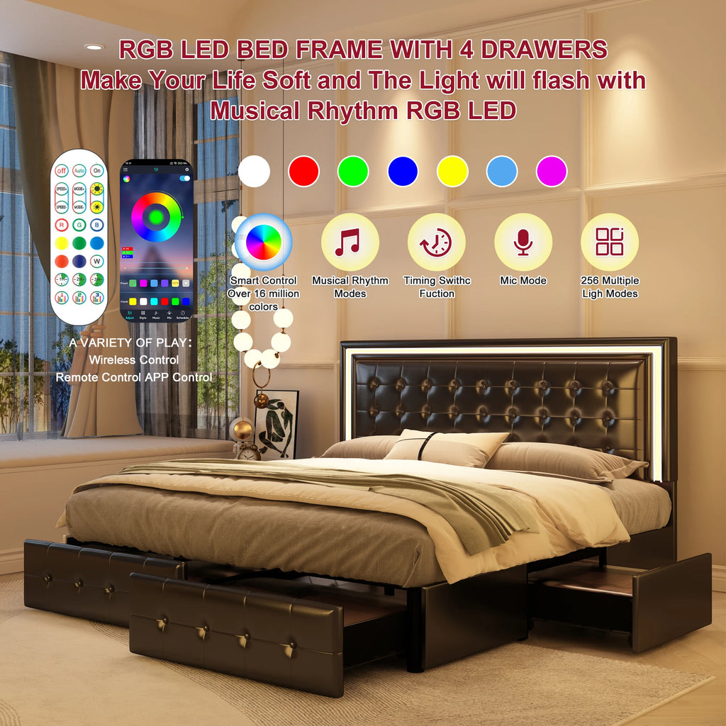Queen LED Bed Frame with 4 Storage Drawers